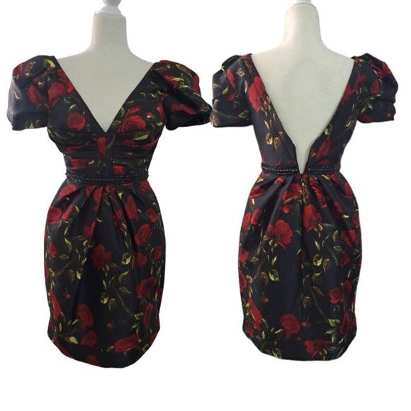 Ieena For MacDougall Mini Cocktail Party Floral Puff Sleeve Black Women Dress 4 - Picture 2 of 8